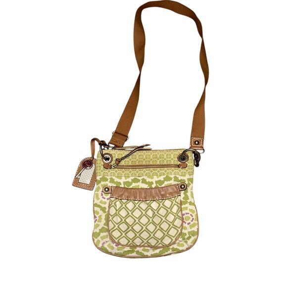 Spacious Fossil Purse Canvas & Leather Trim Messenger Green with Brass headwear - Picture 1 of 16
